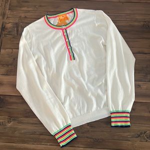 NWT WISPR by Brodie Cashmere henley sweater white rainbow stripe neon silk Sz S